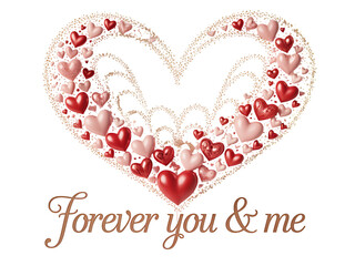 Decorative heart shape composed of numerous red and pink hearts with golden glitter and romantic text