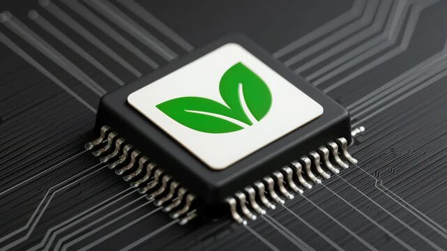 Eco friendly business initiative showing green leaf logo microchip circuit symbolizing sustainable technology innovation and corporate sustainability