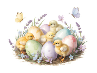 Cute Easter chicks and pastel colored eggs nestled in a spring nest with lavender and butterflies