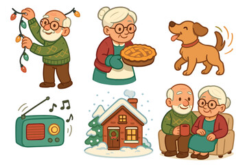 Naklejka premium Cheerful holiday gathering with family bonding and festive traditions. Set of 6 vector illustration