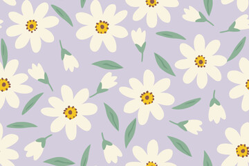 Charming seamless floral pattern with white daisies, green leaves, and lilac background, perfect for spring fabric, wallpaper, wrapping paper, and digital design.
