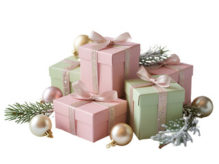 Elegant pastel gift boxes with festive Christmas ornaments and frosted pine branches on a dark background