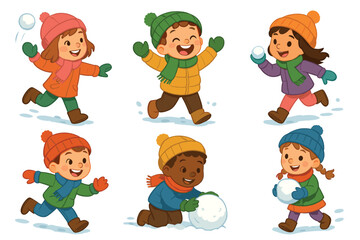 Winter fun with children playing in snow during holidays. Set of 6 vector illustration