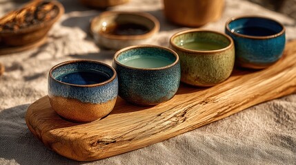 Assorted Glazed Ceramic Cups On Rustic Wooden Tray With Sand Dust