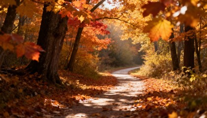 Fototapeta premium Path covered with fallen leaves winding through autumn forest, warm tones, soft sunlight filtering through trees