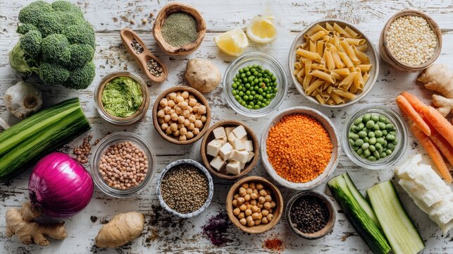 Healthy plant based food ingredients flat lay with vegetables, legumes, grains and nuts, clean eating nutrition background for vegan, vegetarian and balanced diet concepts