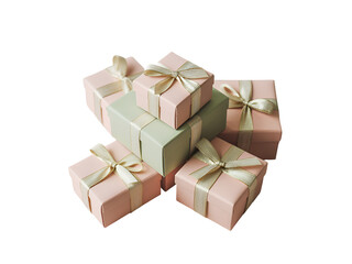Elegant stack of pastel pink and green gift boxes tied with shimmering golden ribbons on black