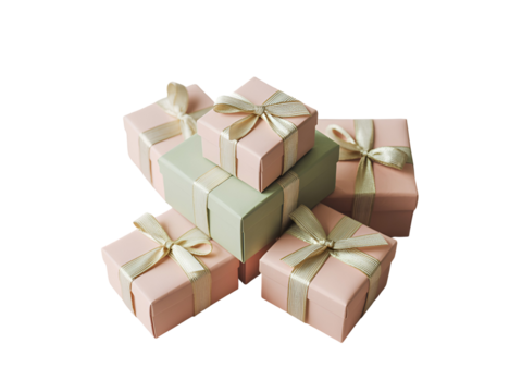 Elegant stack of pastel pink and green gift boxes tied with shimmering golden ribbons on black