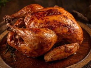 Whole roasted chicken on a plate ready to serve