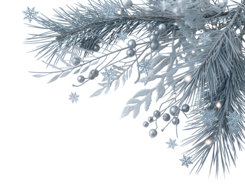 Frosted winter corner composition featuring pine branches silver berries and sparkling snowflakes on black background