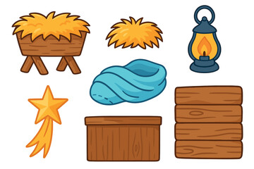 Nativity scene elements for festive decoration and storytelling. Set of 6 vector illustration