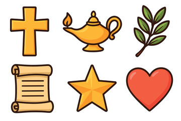 Religious symbols and icons for faith based celebrations and design. Set of 6 vector illustration