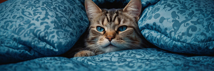 A beautiful tabby cat with piercing blue eyes is cozily tucked under a blue floral patterned duvet, looking comfortable and serene in bed