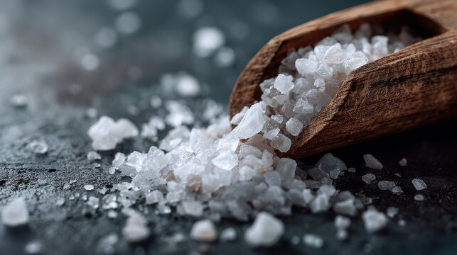 Natural Sea Salt Crystals with Wooden Scoop on Dark Stone Surface, Organic Gourmet Seasoning Ingredient for Professional Cooking, Restaurant Menu Design and Food Background