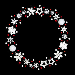 Christmas wreath white frosted bauble snowflake, star, ball shape decorations, red holly berries on black background. Garland design for Xmas season.