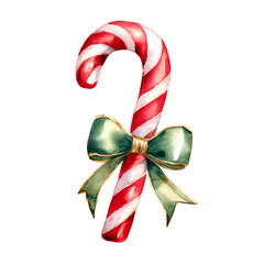 Watercolor christmas red and white candy cane with a green and golden ribbon, on a white background. Perfect illustration for winter designs