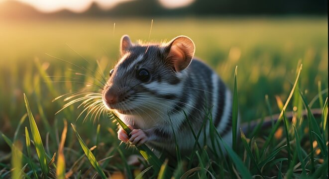 A small, striped dasyure sits in tall green grass, bathed in the warm glow of the setting sun.