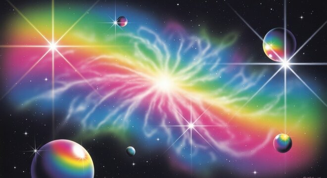 Cosmic Display Vibrant Rainbow Hues Interstellar Cloud Formations Spheres Sparkling Stars Galactic Art Background