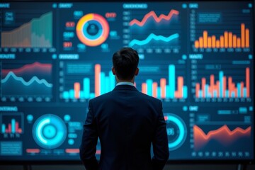 Businessman poses in front of digital screen showcasing real-time data analytics and KPIs for his company