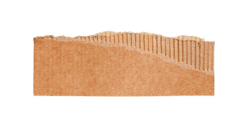 Ripped corrugated cardboard piece with torn top edge, creating textured brown recycled paper element, transparent background