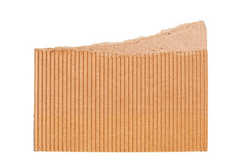 Ripped corrugated cardboard piece with torn top edge, creating a textured brown recycled paper element, transparent background