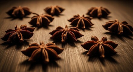 Star anise spice pods scattered on rustic wooden surface, warm, inviting atmosphere with natural light, aromatic culinary ingredient
