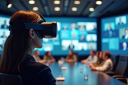 A person wearing a virtual reality headset in a digital conference room surrounded by interactive training materials and engaged attendees