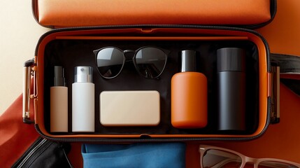 Open suitcase mockup with organized travel items: skincare, power bank, sunglasses, travel-size bottles, minimal style