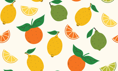 Flat cartoon seamless texture with lemon, lime, orange, leaves and wedges in random order. Bright citrus design for print, packaging, fabric, card, poster, web or summer decoration project.