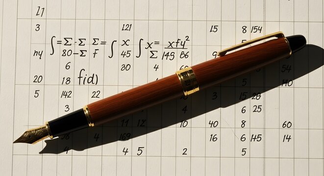 Fountain Pen Resting on Mathematical Equations: Elegant Writing Instrument Above Algebra and Calculus Problems with Paper Background and Summation Symbols in Education and Academic Concept