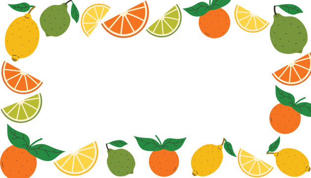 Rectangular frame of citrus fruits like lemon, lime, orange with leaves and wedges in flat cartoon style. Bright fruity border for card, poster, packaging, label, invitation, or food design project.
