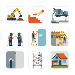 Construction industry workers and building process icon set.