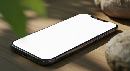 Mockup of modern smartphone with blank white screen resting on textured surface with blurred natural elements