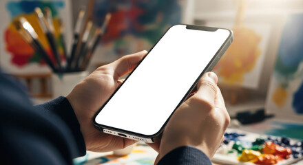 Hands holding a blank screen smartphone mockup with vibrant art supplies background
