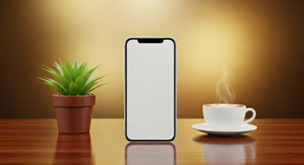 Modern smartphone mockup with blank screen on wooden table near potted plant and coffee cup