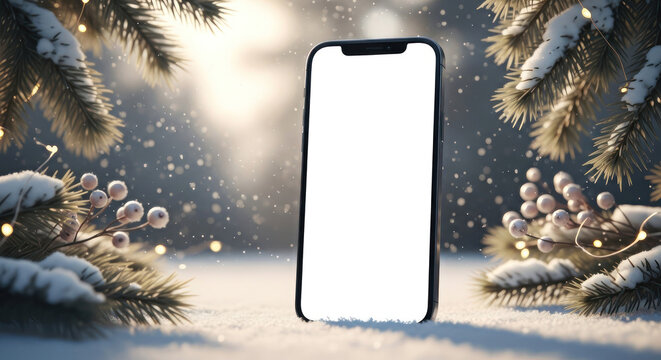Christmas themed mobile phone mockup with blank screen surrounded by festive decorations and soft bokeh lights