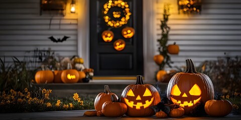 Obraz premium Jack-o'-lanterns on porch.