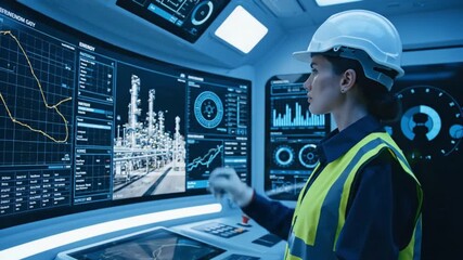 Female engineer in hard hat and safety vest monitors complex industrial plant data on multiple screens in a control room. - Powered by Adobe