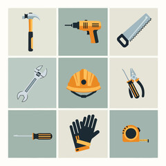 Flat vector icon set of essential construction and repair tools.