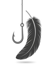 Black fishing hook and feather hanging, isolated on a white background