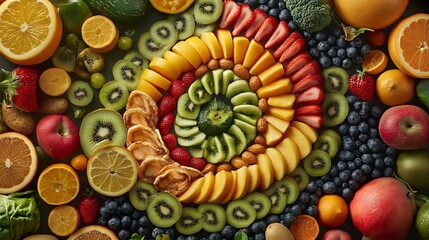A vibrant spiral of sliced fruits, a colorful and healthy display of natures bounty, arranged in an artistic pattern