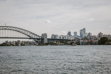 Stunning cityscape of the Sydney Opera House and the Sydney Harbour Bridge in the river outdoor at daytime during winter in Australia.