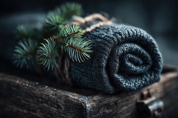 Closeup Navy Fabric Rolled With Dew Drops On Wood Surface Pine