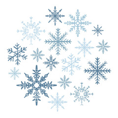 Hand drawn round shape blue snowflakes design. Vector sketch illustration in vintage crayon charcoal style. Winter Christmas decoration, clothes print, textile design