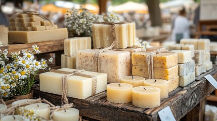 Handmade natural soap and candles arranged aesthetically on a stall at a summer art fair, cozy and organic look