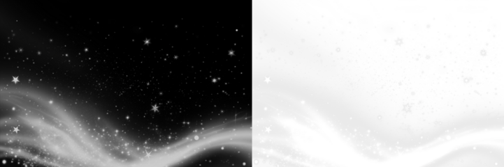 Black and white abstract png overlay featuring swirling textures and sparkling stars, ideal for creative design projects and digital art applications with copy space