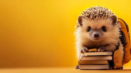 Adorable hedgehog perched on a stack of books against a vibrant yellow background, perfect for educational themes