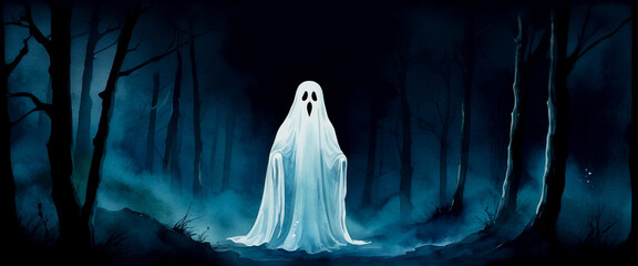 Ghost in dark forest with open black eyes. Halloween illustration of eerie forest spirit. Lone ghost floating in mysterious dark forest.