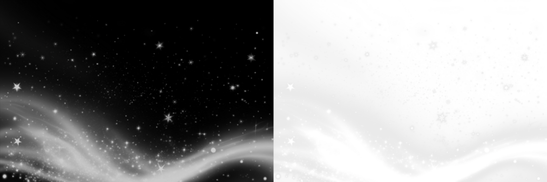 Black and white abstract png overlay featuring swirling textures and sparkling stars, ideal for creative design projects and digital art applications with copy space