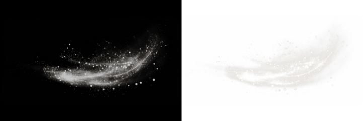 Abstract white and black png overlay featuring swirling particles and light effects, creating a dynamic visual element for design projects and artistic compositions